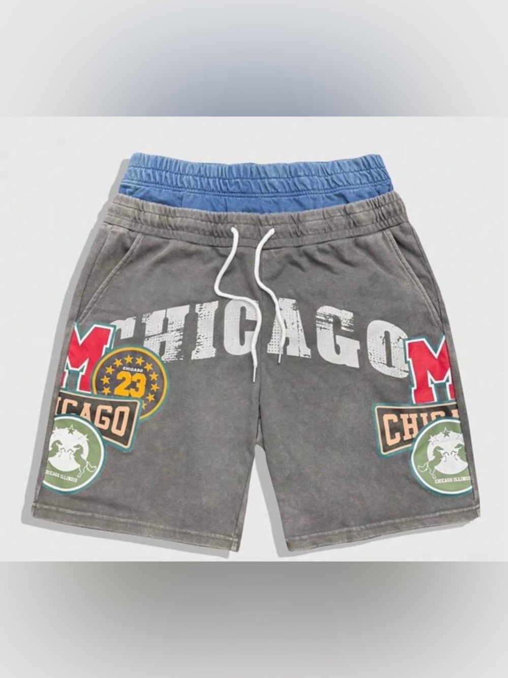 Chicago Graphic Drawstring Shorts in Gray with Blue Waistband
